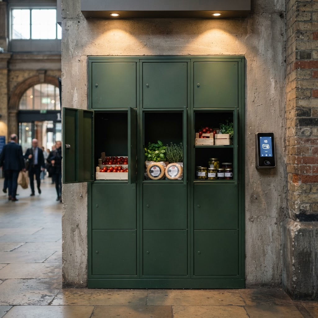 A wall of dark green lockers built into a station wall, with fresh produce visible inside open doors
