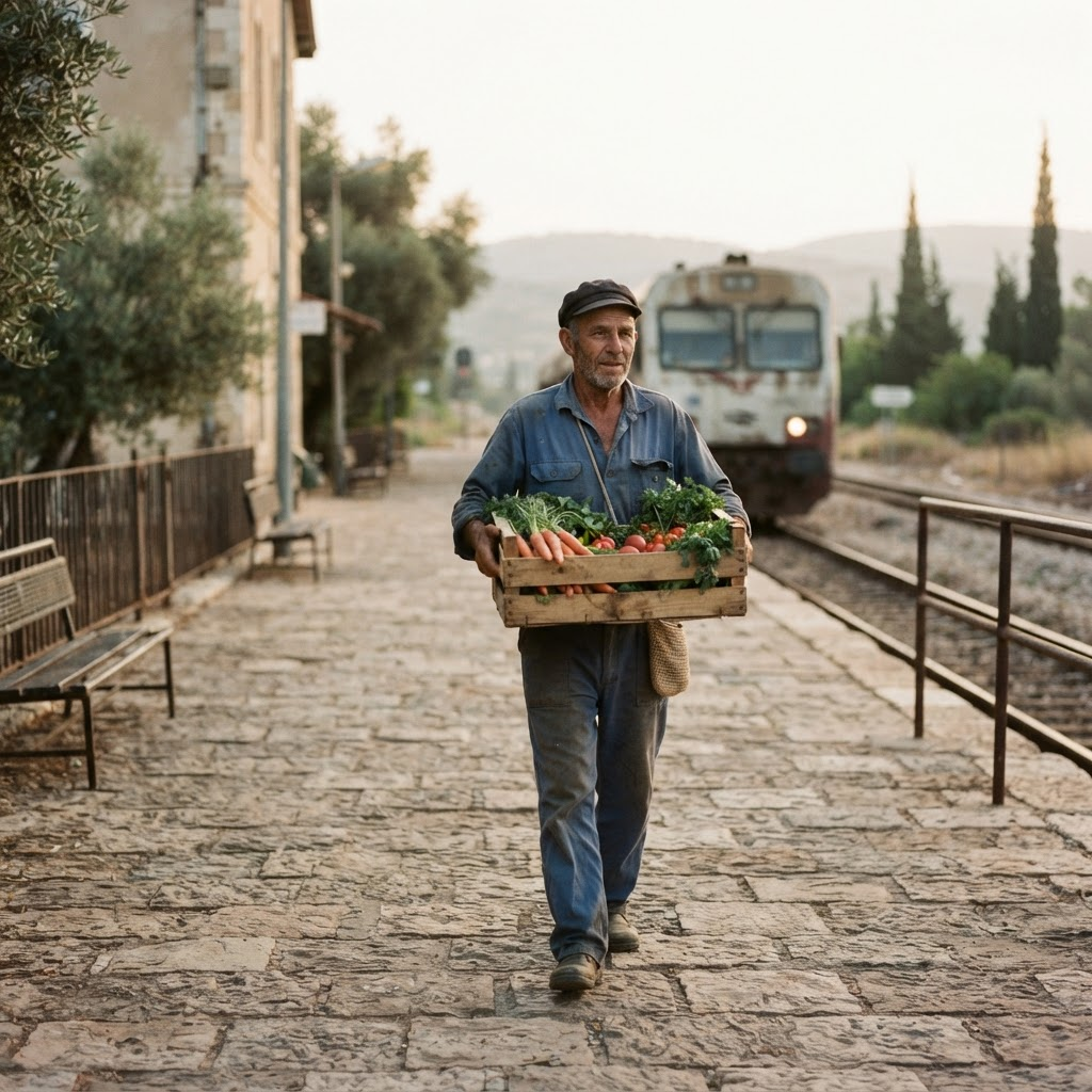 A grower carrying a wooden crate of fresh vegetables along a train station platform